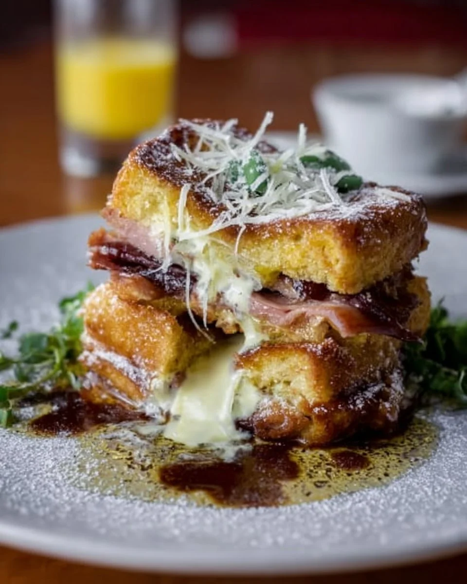 Delicious Duck Confit Monte Cristo sandwich plated with garnish.