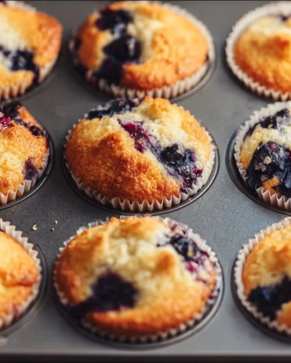 High protein cottage cheese blueberry muffins on a rustic wooden background