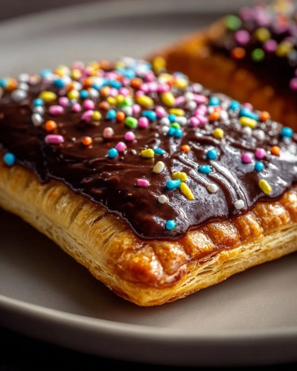 Homemade chocolate fudge pop tarts on a plate with chocolate drizzle