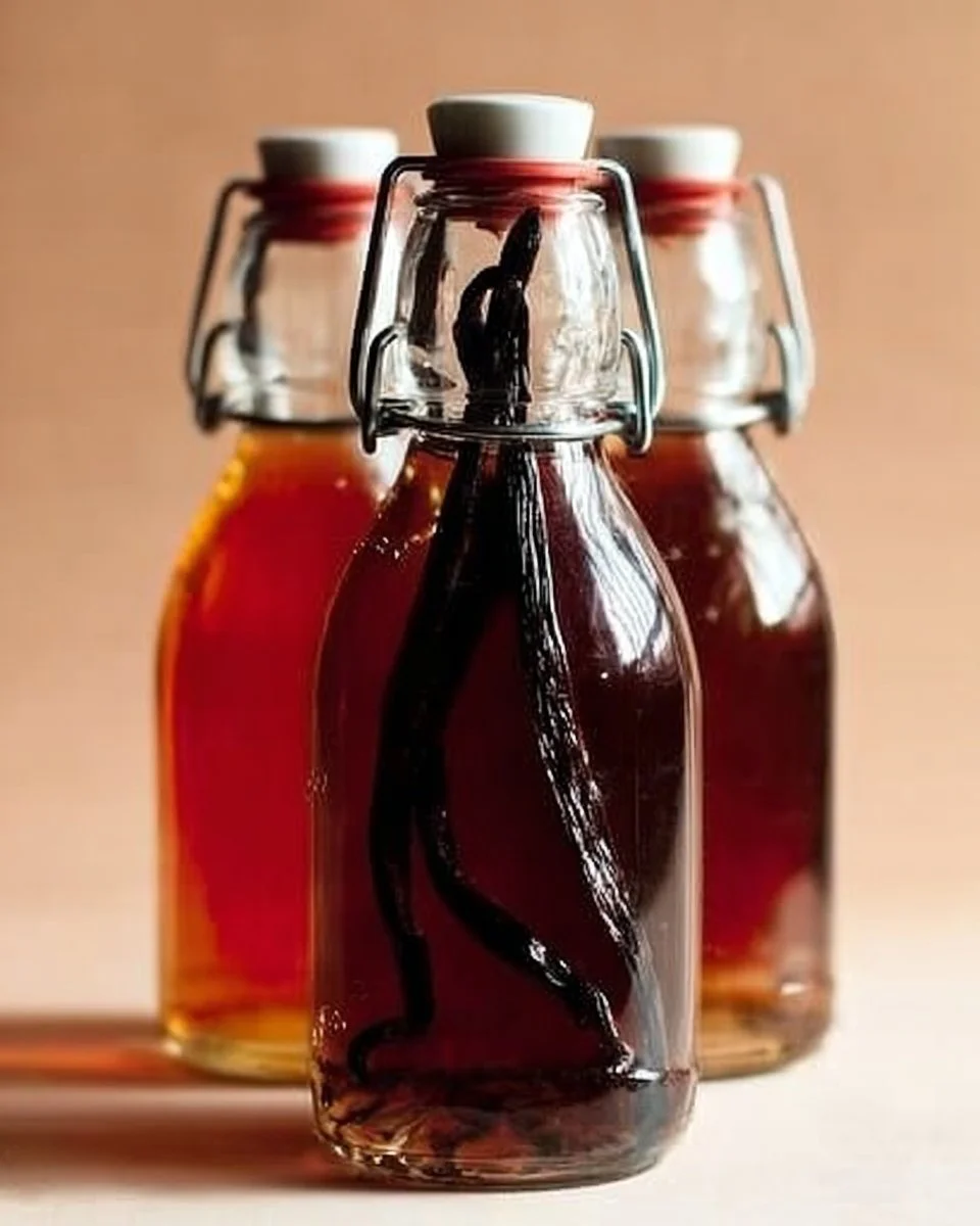 Bottle of homemade vanilla extract with vanilla beans