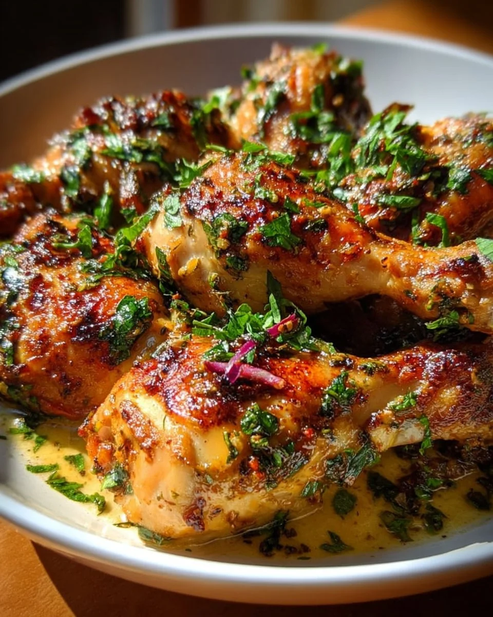 Lemon butter baked chicken garnished with fresh herbs and lemon slices
