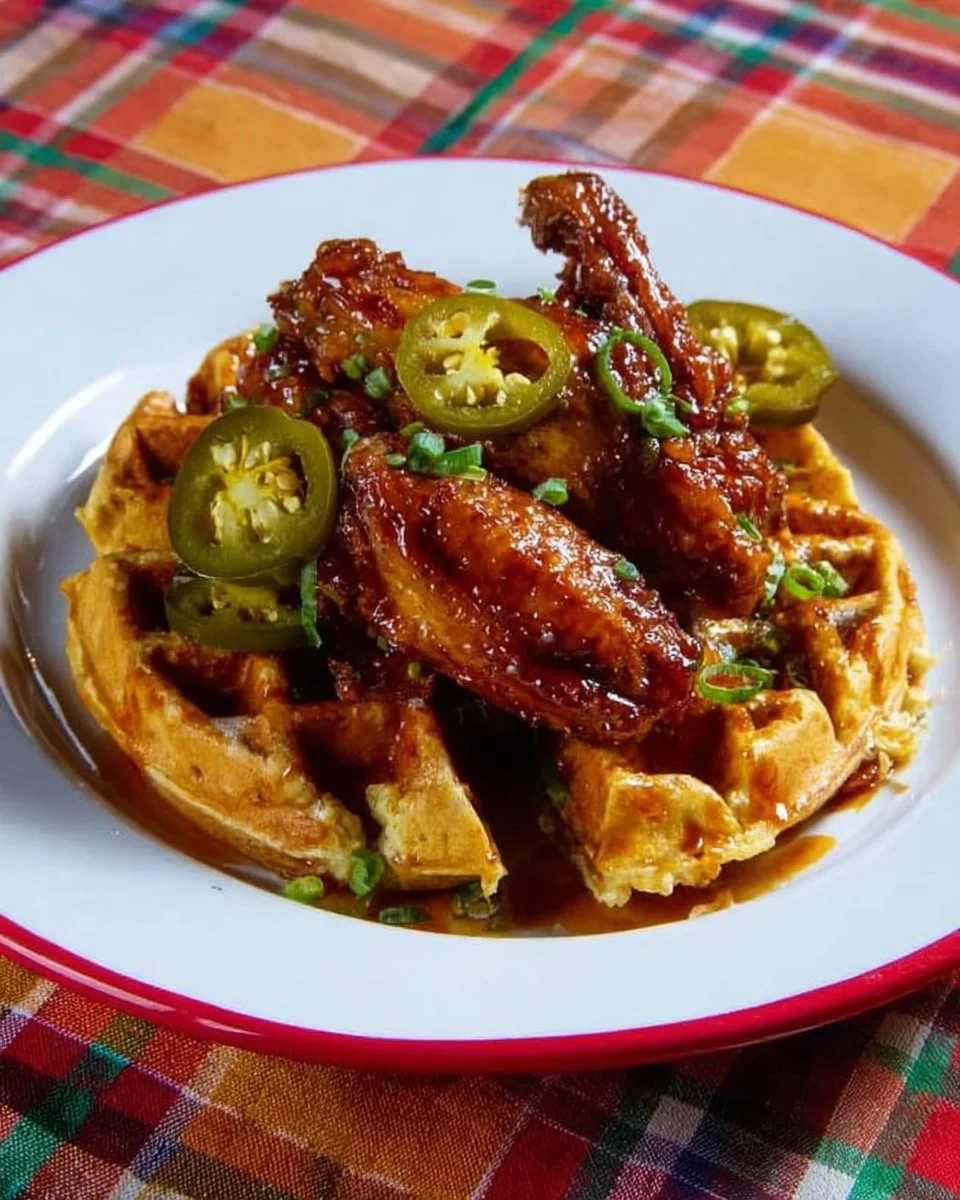Maple BBQ Chicken served with sweet potato waffles on a plate