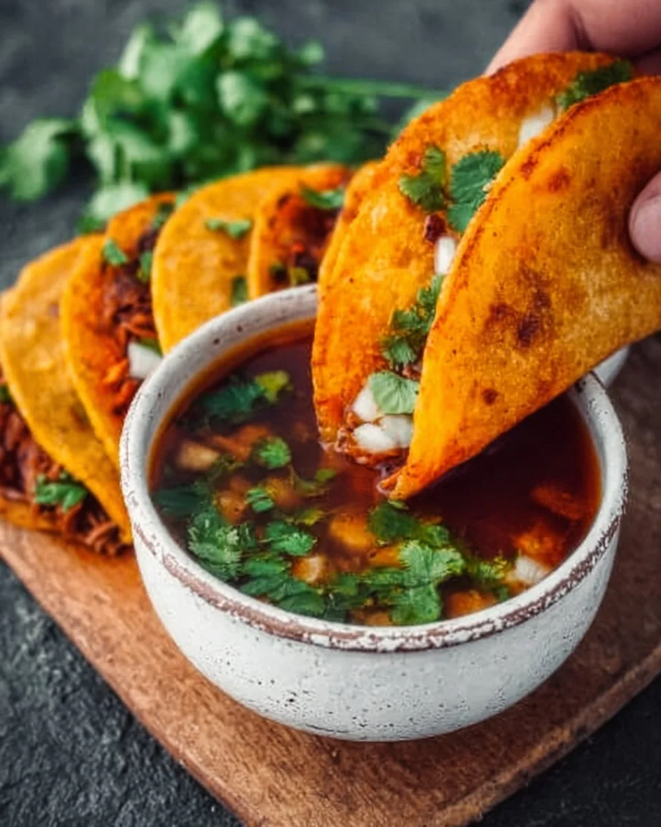 Delicious Mexican tacos served with consommé and quesabirria