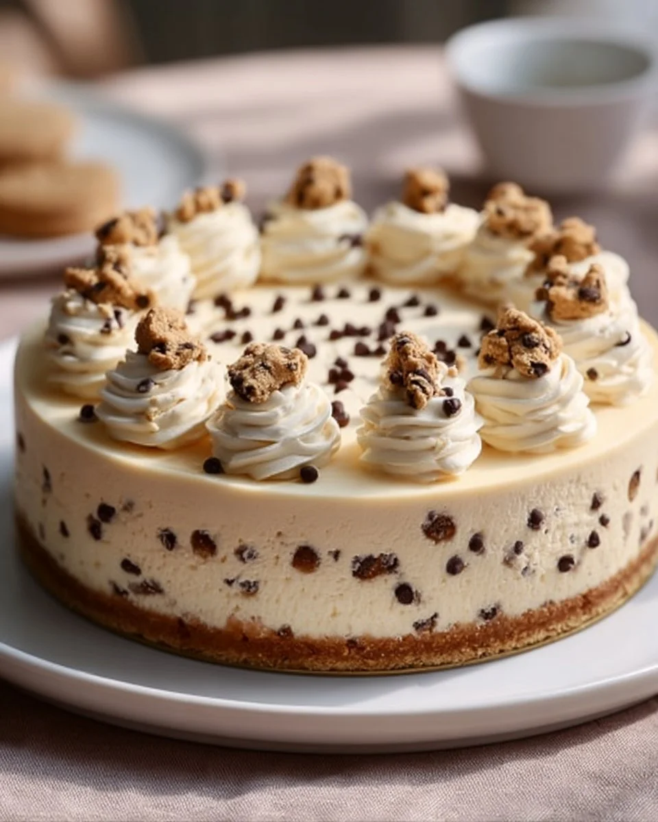 No bake cookie dough cheesecake topped with chocolate chips and cookie dough bites.