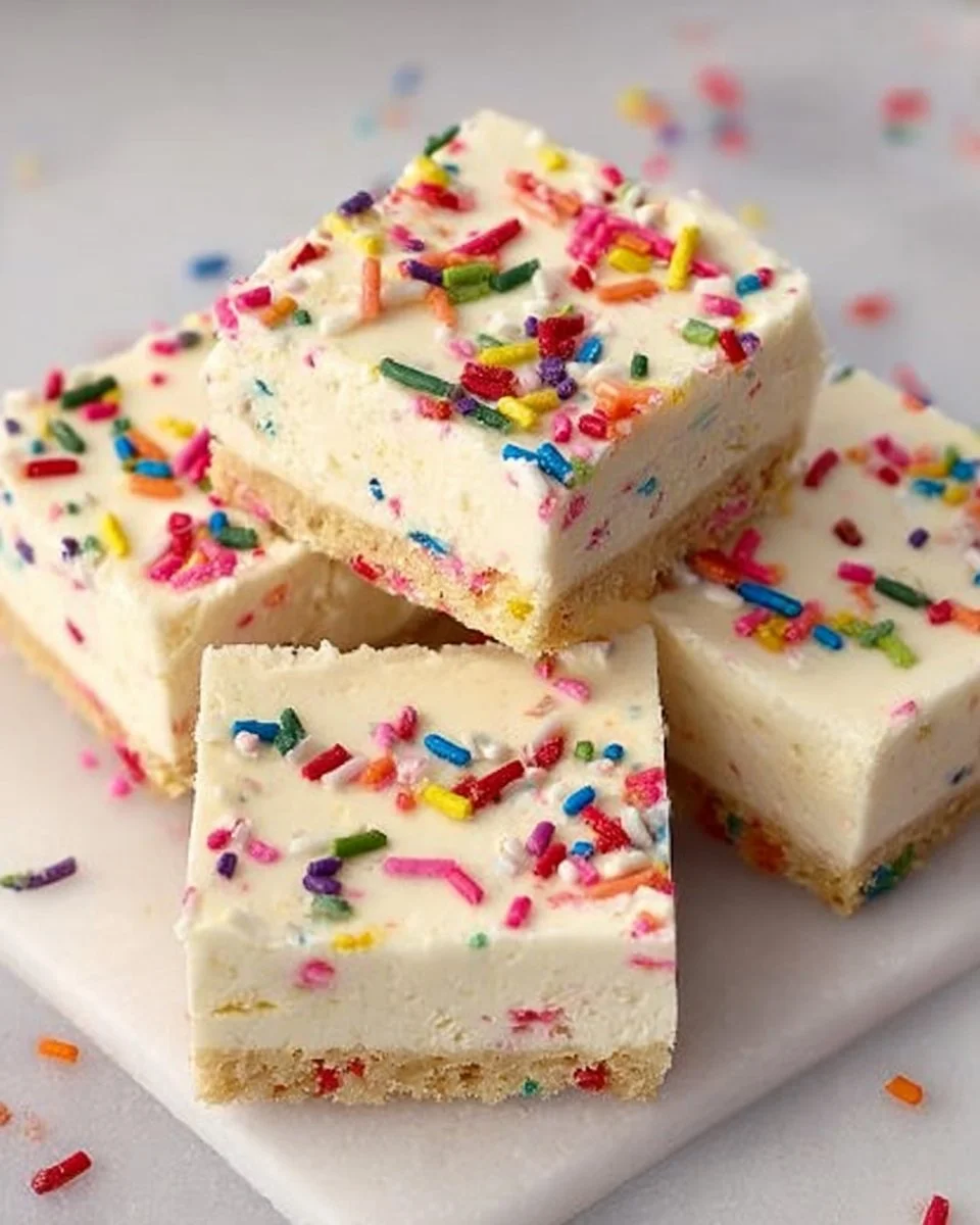 No-bake Funfetti cheesecake bars topped with colorful sprinkles