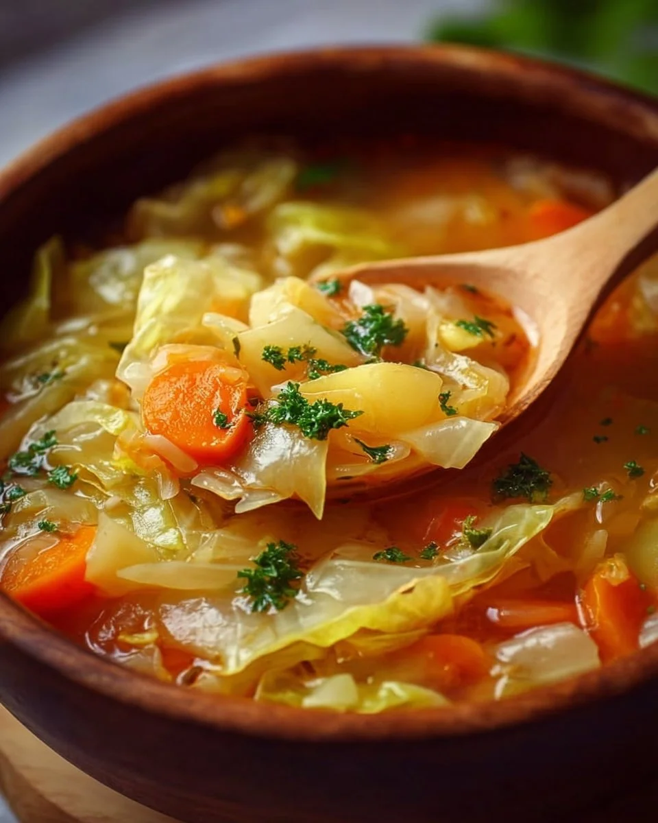 A bowl of nutritious cabbage soup garnished with herbs and vegetables