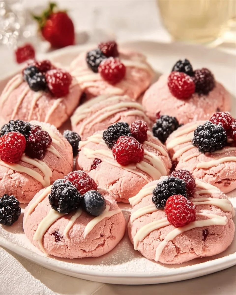 Pink sugar cookies topped with fresh berries on a decorative plate.