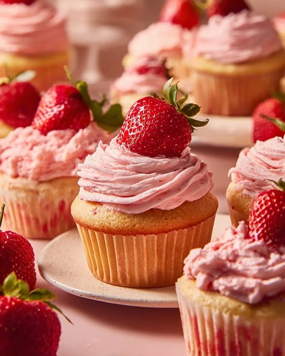 Baked quick strawberry muffins topped with fresh strawberries on a cooling rack