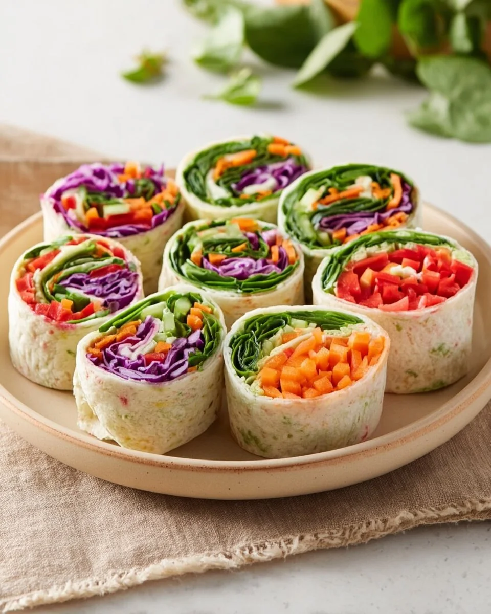 Rainbow Veggie Pinwheels with colorful vegetables rolled in tortilla wraps