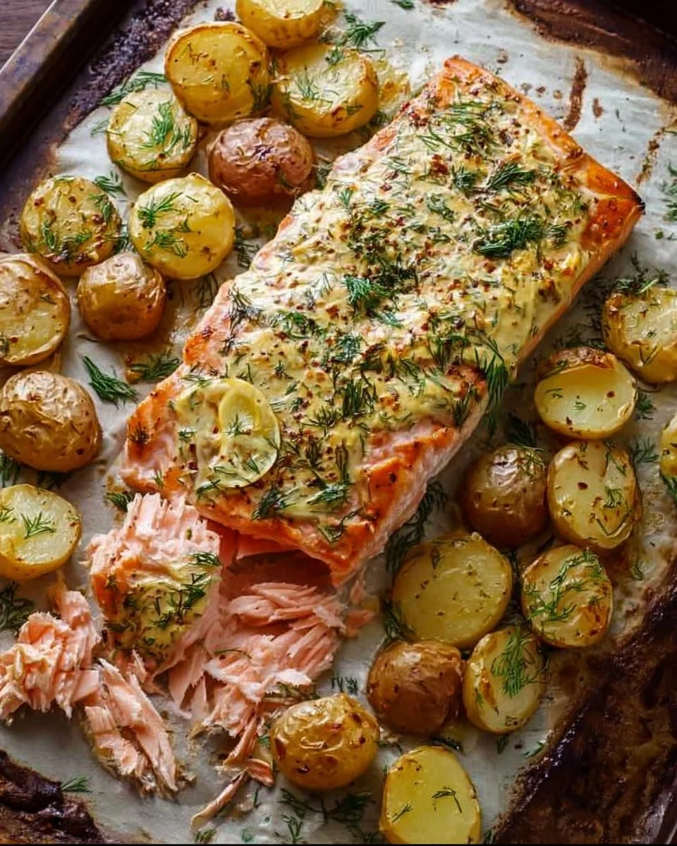 Sheet Pan Salmon with Dill Potatoes recipe on a dinner table