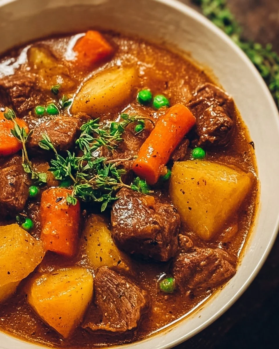 Bowl of Simple Instant Pot Irish Stew with vegetables and herbs