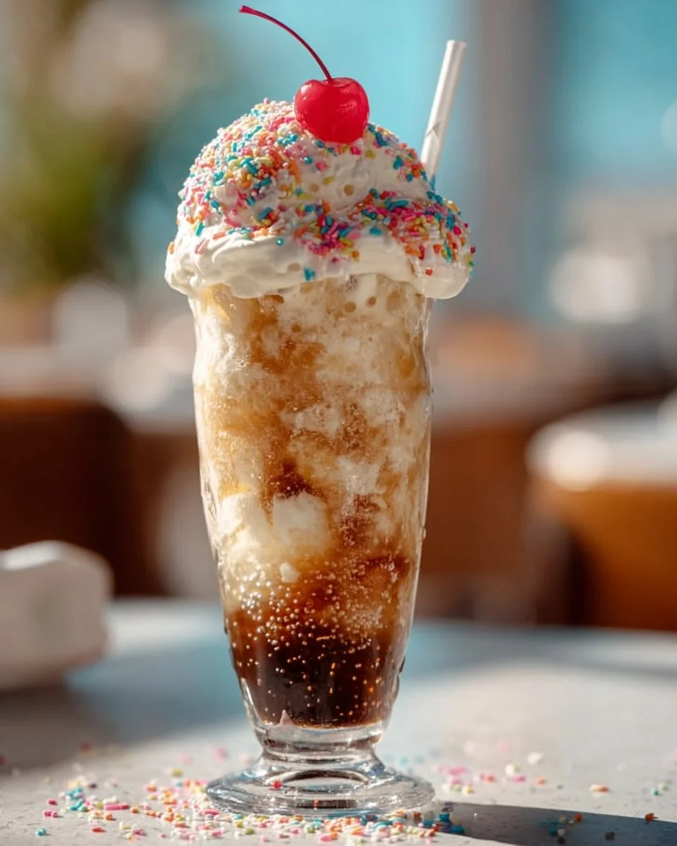 Delicious soda float with ice cream and colorful soda in a glass