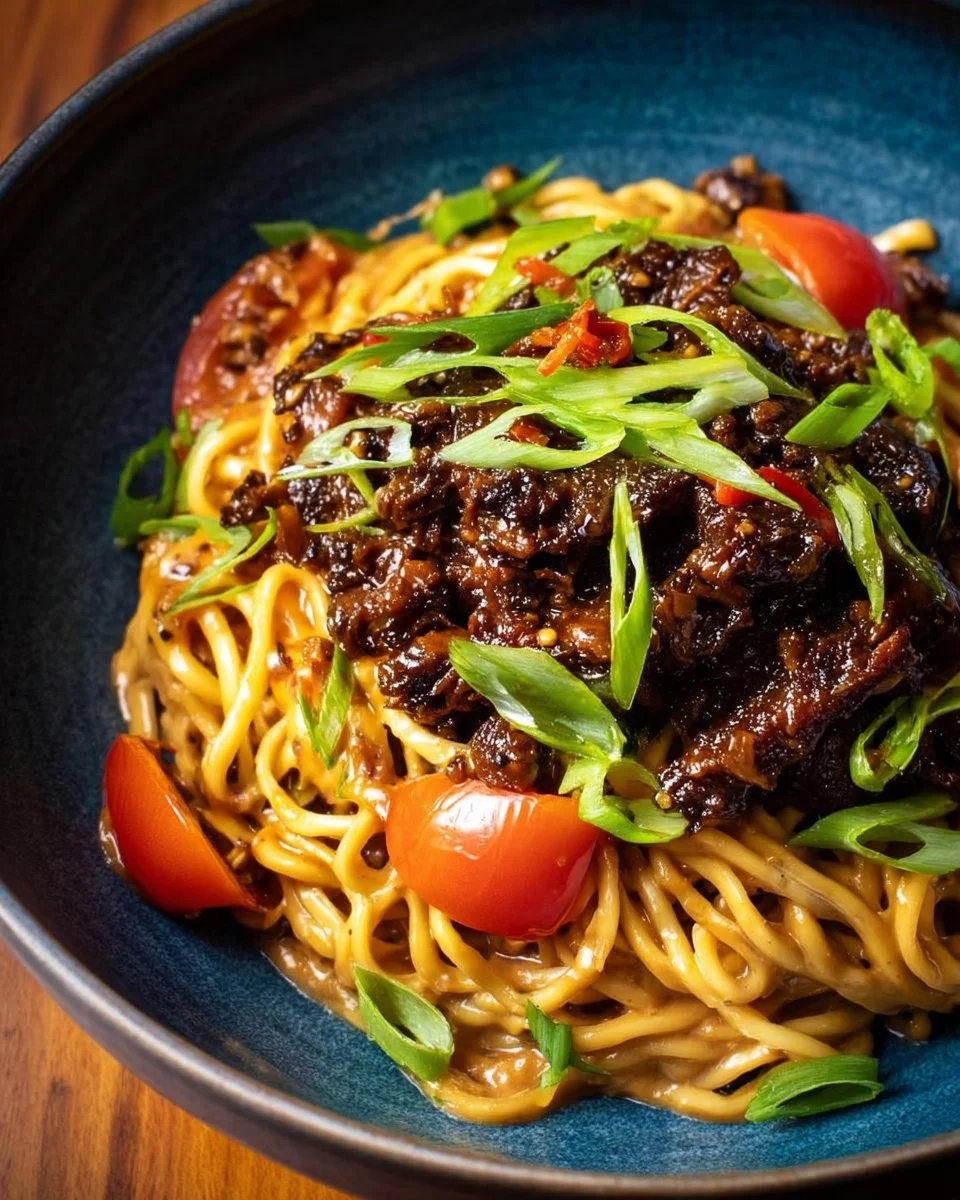 Bowl of Sticky Beef and Peanut Noodles garnished with green onions