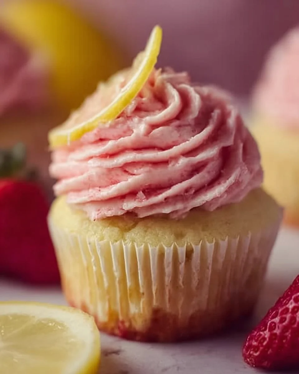 Delicious strawberry lemonade cupcakes topped with fresh strawberries and lemon frosting.