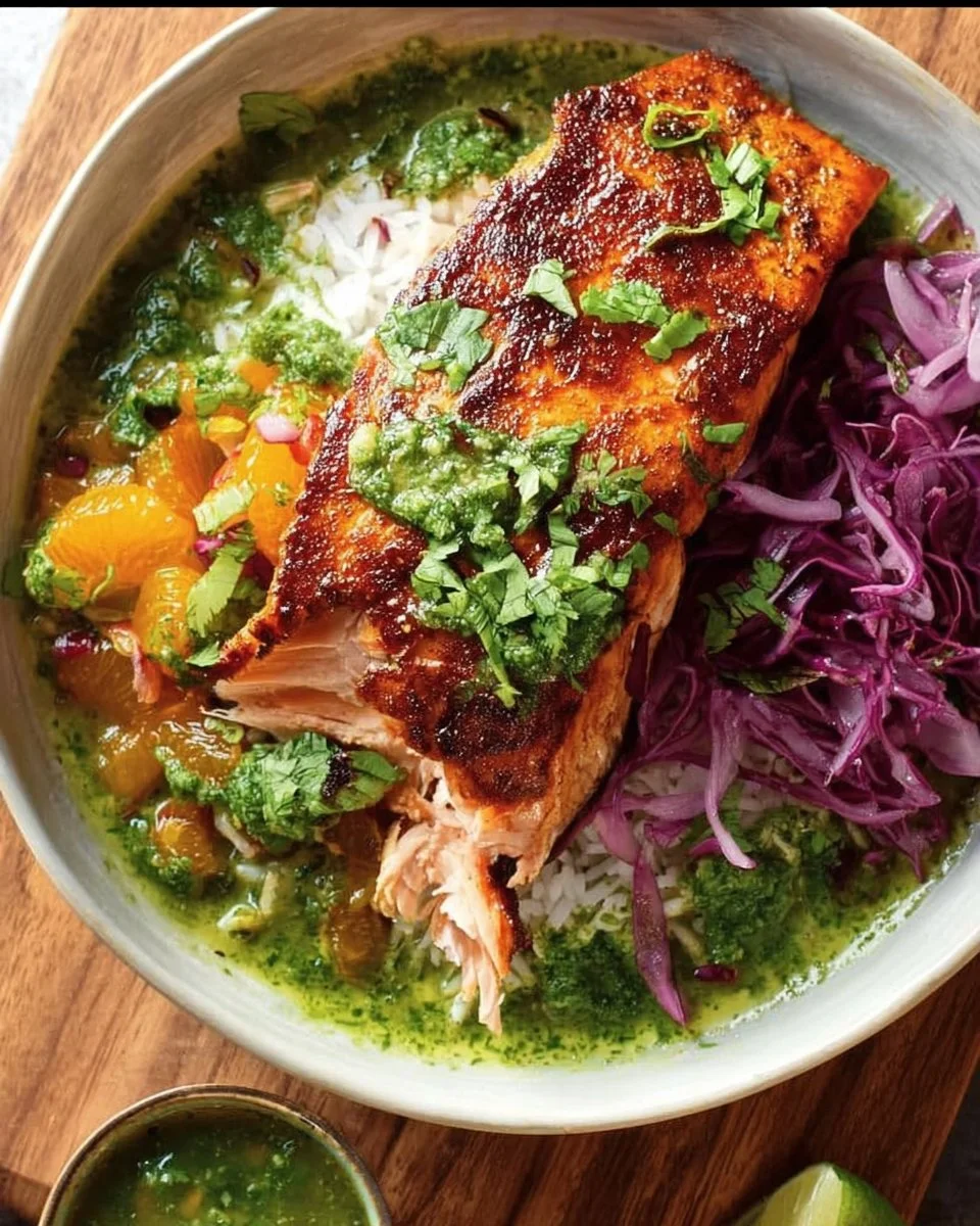 Sweet-and-smoky Chipotle Salmon with orange salsa and aji verde sauce