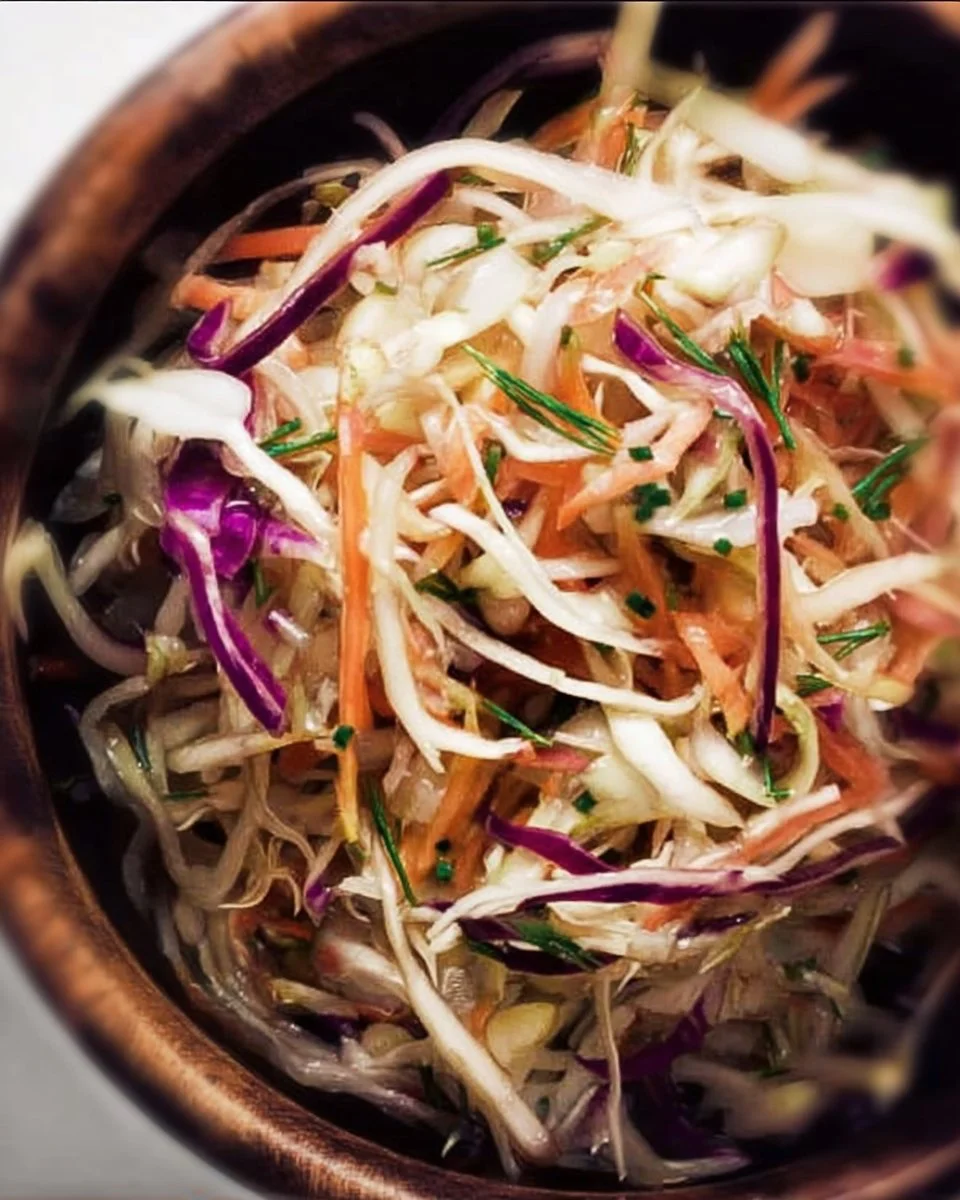Bowl of tangy vinegar coleslaw with fresh vegetables and dressing