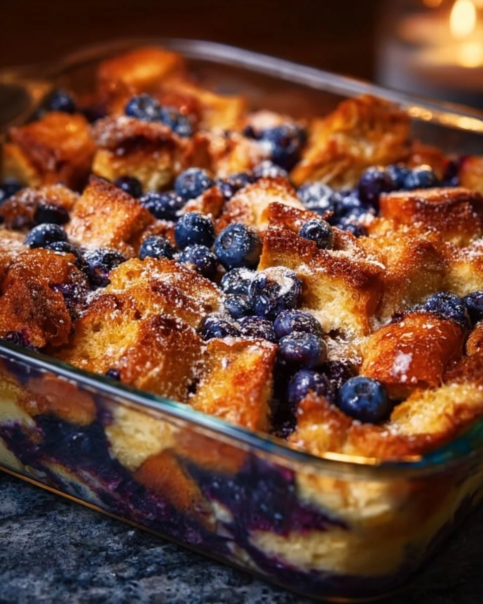 Delicious blueberry french toast casserole baked with fresh blueberries and syrup