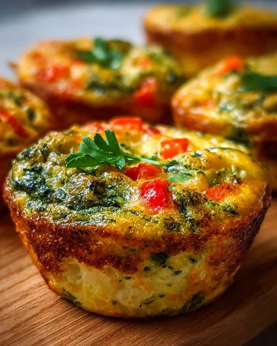 Veggie frittata egg muffins baked in muffin tin, topped with fresh vegetables.