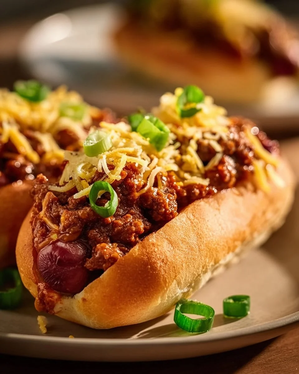 Beef chili cheese hot dog buns topped with melted cheese and rich beef chili