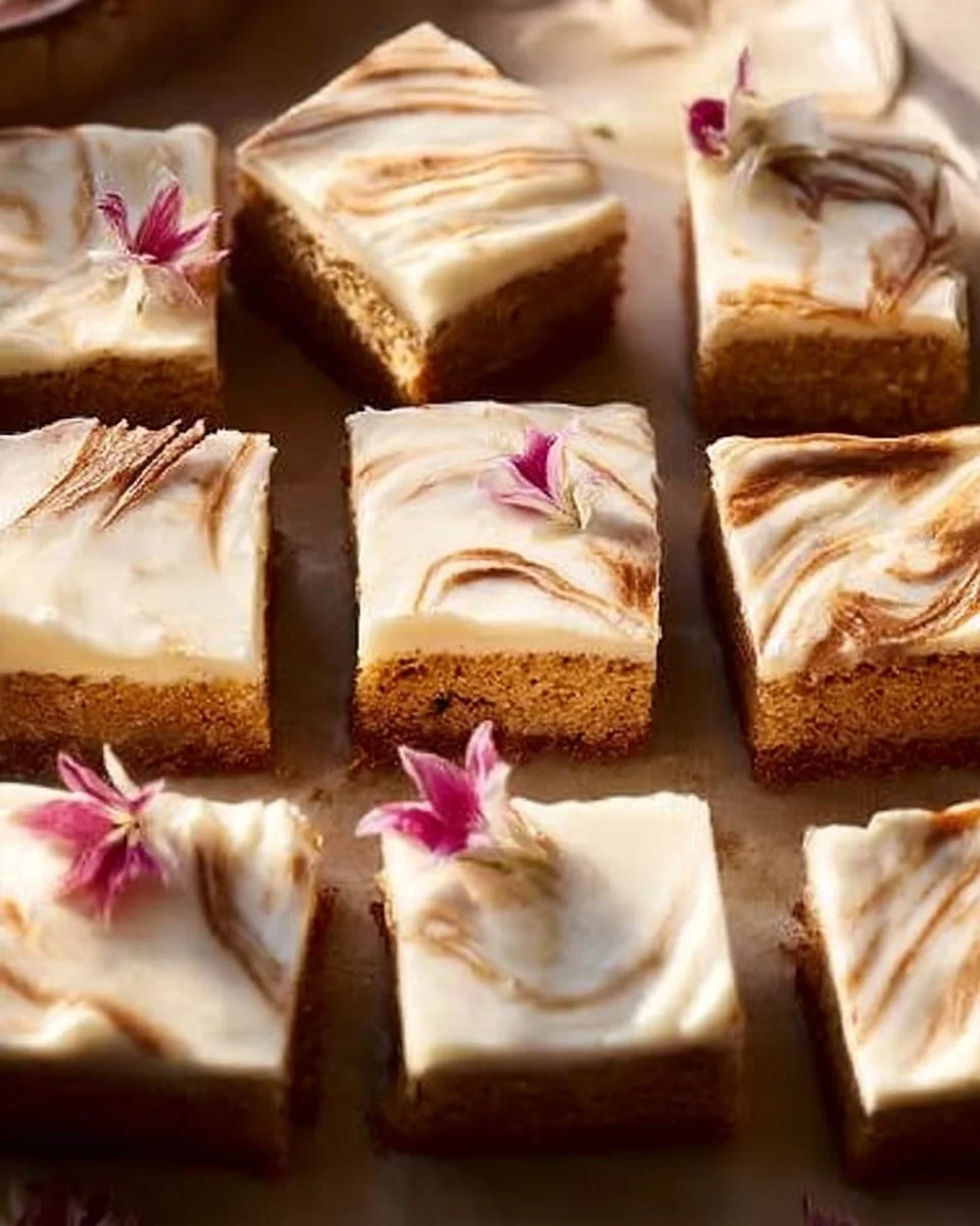 Delicious carrot cake cheesecake bars topped with cream cheese frosting.