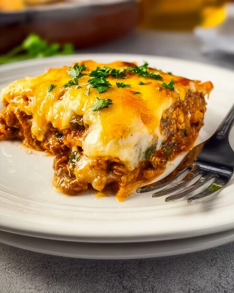 Cheesy Tex-Mex John Wayne Casserole served in a dish