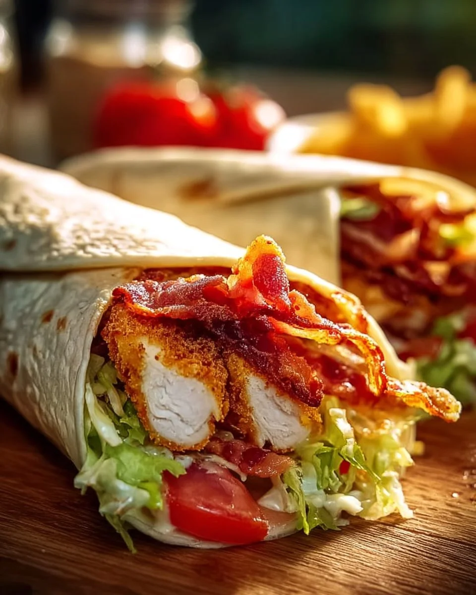 Delicious Chicken Club Wrap filled with grilled chicken, bacon, and fresh veggies.
