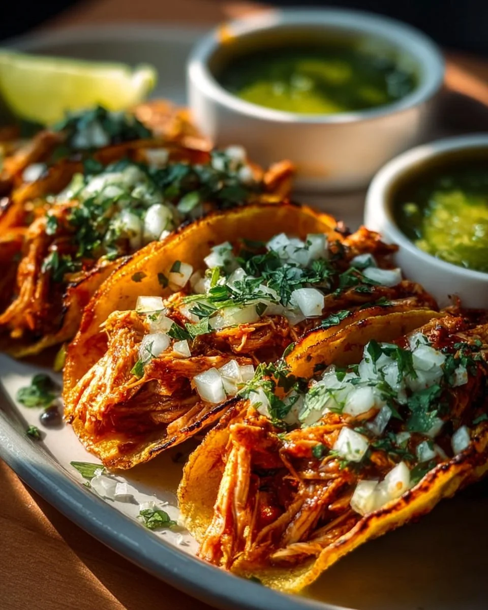Chicken Tinga Tacos garnished with fresh herbs and served on a wooden board.