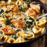 Creamy Parmesan chicken served with spinach tortellini in a savory sauce