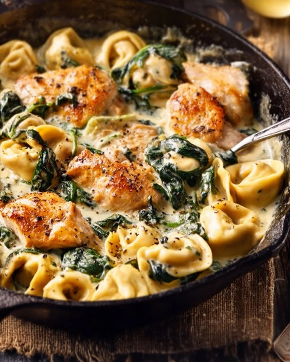 Creamy Parmesan chicken served with spinach tortellini in a savory sauce