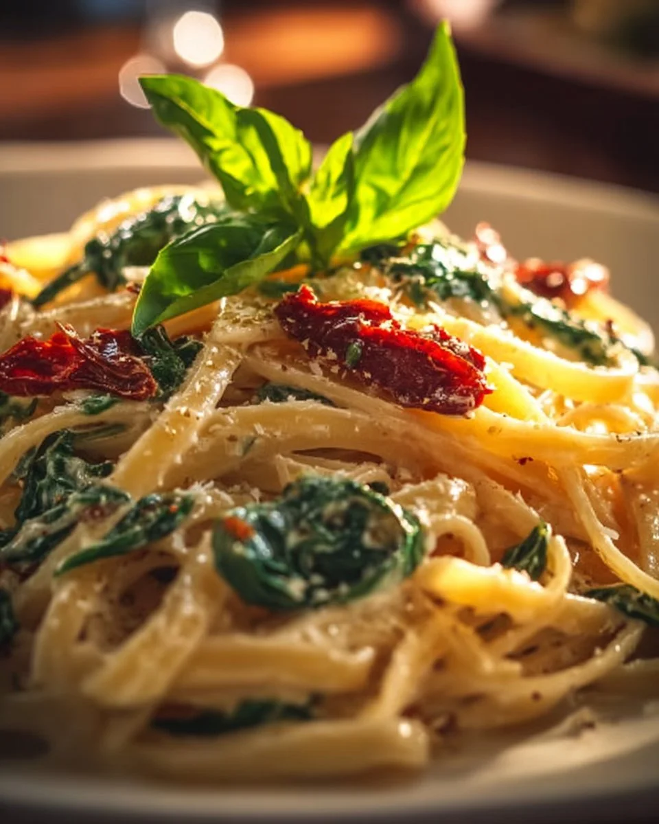 Creamy sun-dried tomato Alfredo pasta served in a bowl with herbs