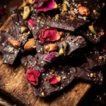 Dark chocolate banana bark topped with puffed quinoa, showcasing a delicious snack.