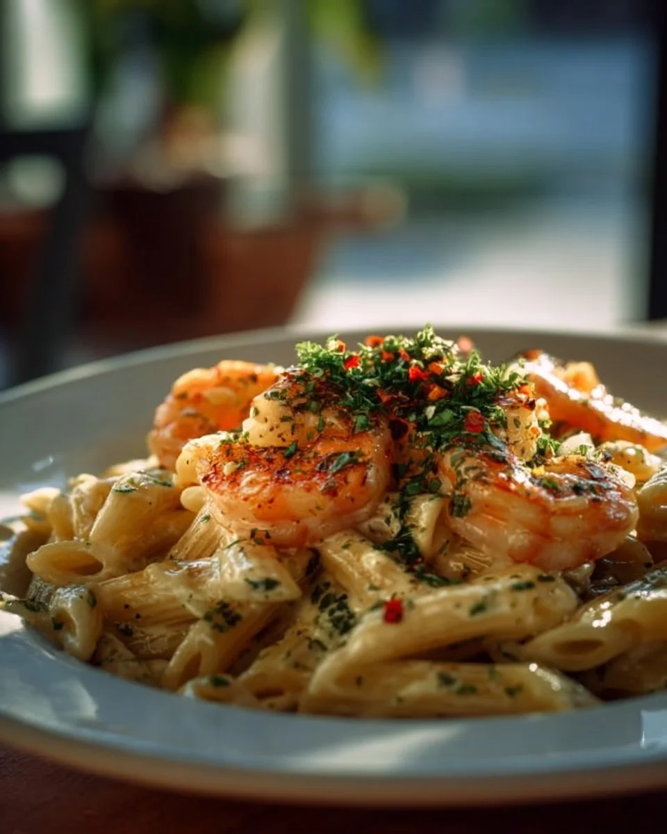 Delicious Garlic Shrimp Penne Pasta served with fresh herbs and garlic.