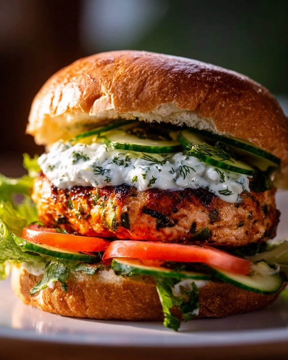 Juicy Greek Chicken Burgers garnished with fresh herbs and vegetables