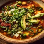 Bowl of healthy Cheddar Chicken Chili topped with cheese and herbs