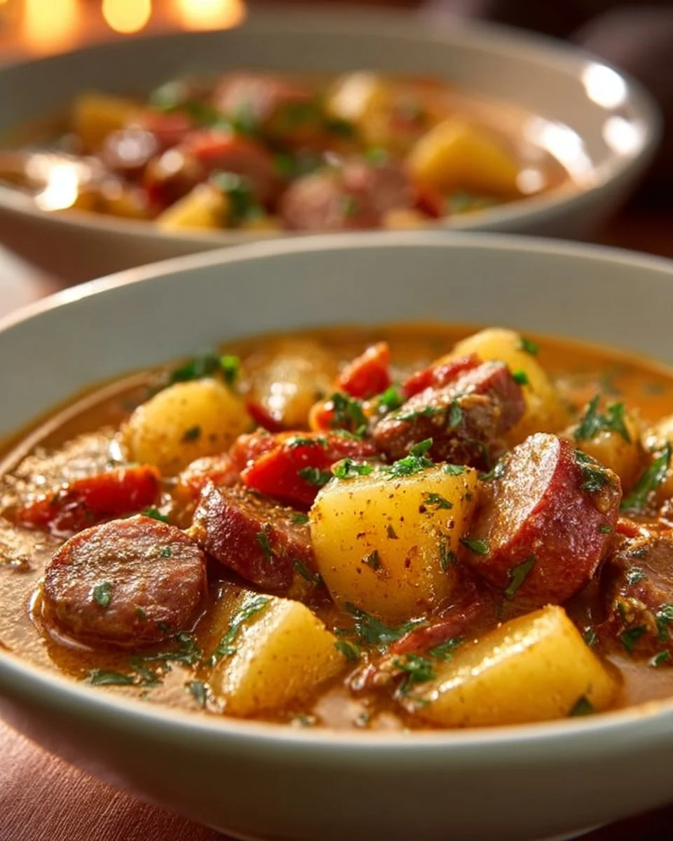A bowl of hearty beef and sausage stew with vegetables and herbs