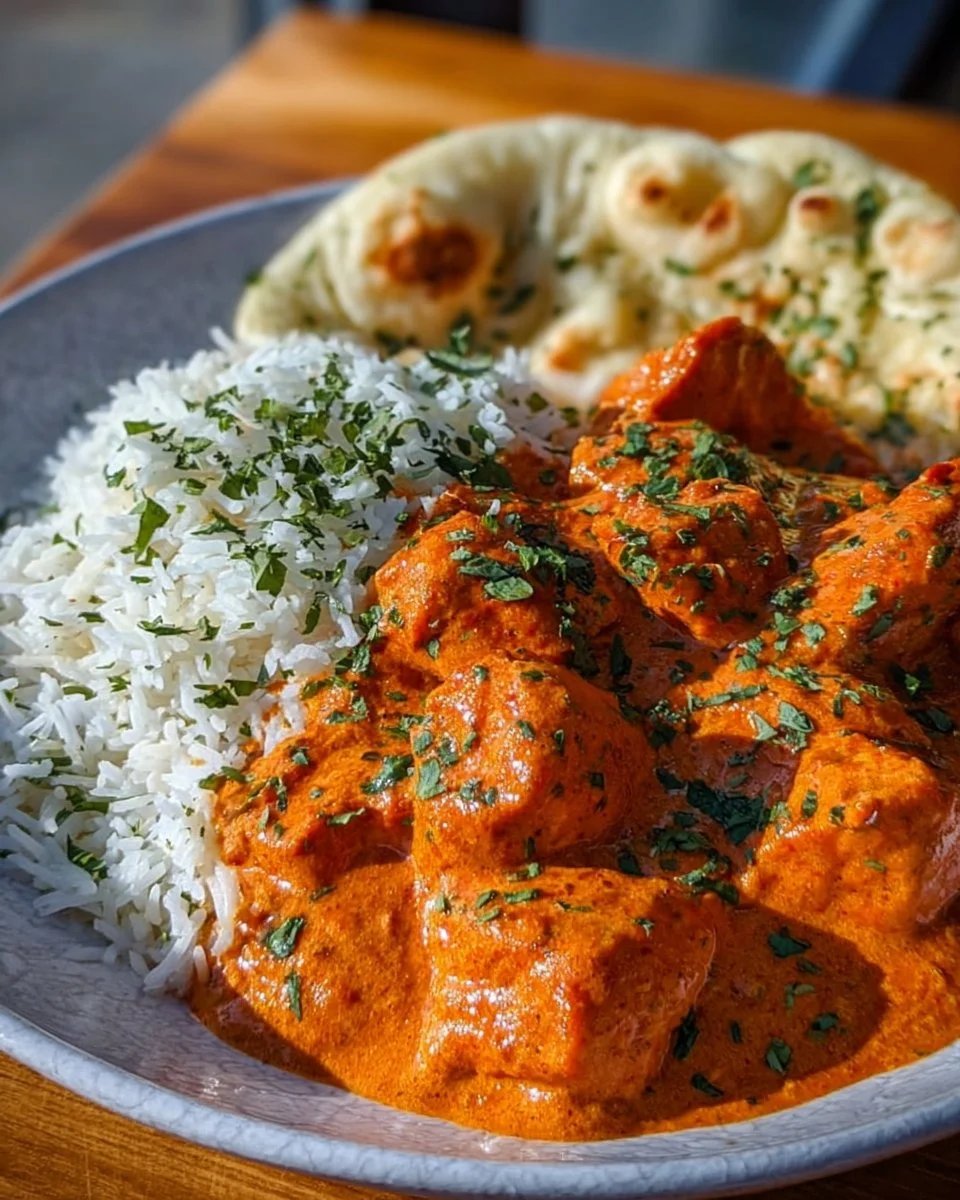 Delicious homemade butter chicken served with naan and rice