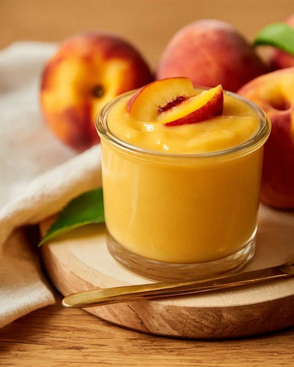 Delicious homemade peach curd in a jar with fresh peaches