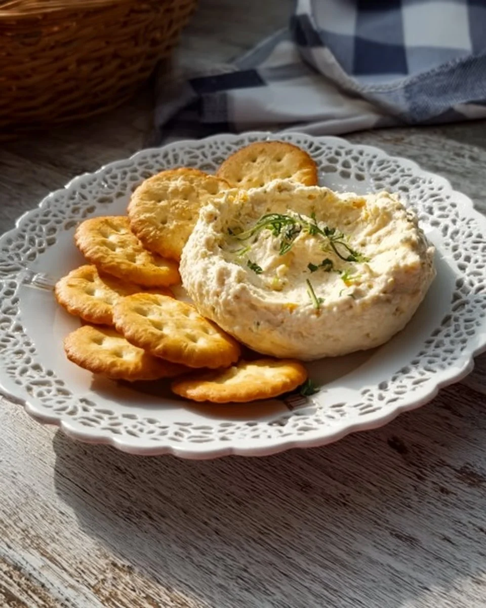 Delicious hot seafood dip served in a bowl with crispy crackers.