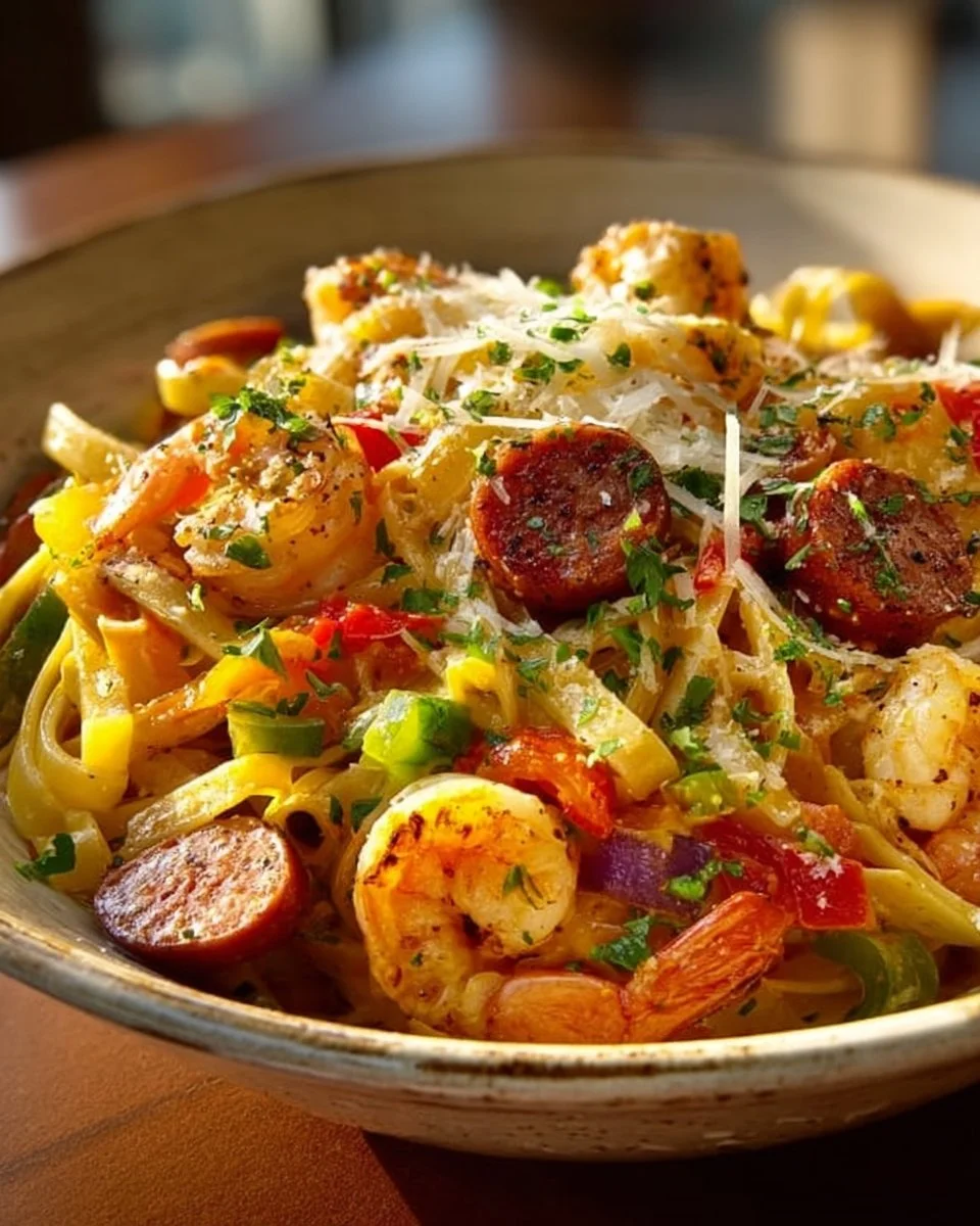 Delicious Mardi Gras Pasta with colorful vegetables and spices
