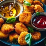 Golden oven fried halloumi bites drizzled with hot honey on a white plate