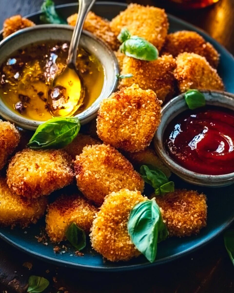 Golden oven fried halloumi bites drizzled with hot honey on a white plate