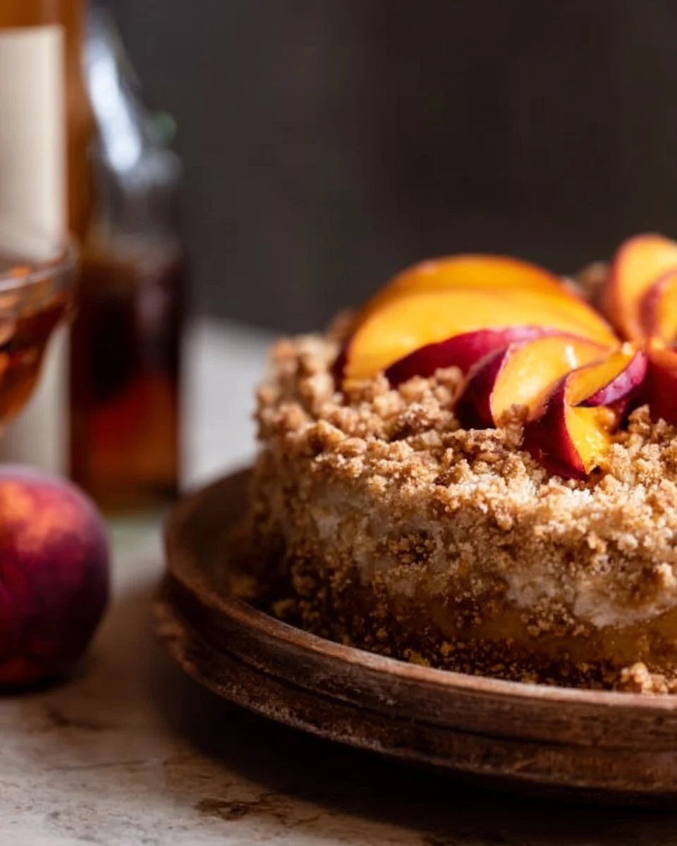 Delicious Peach Cobbler Cake topped with fresh peaches and a golden crust
