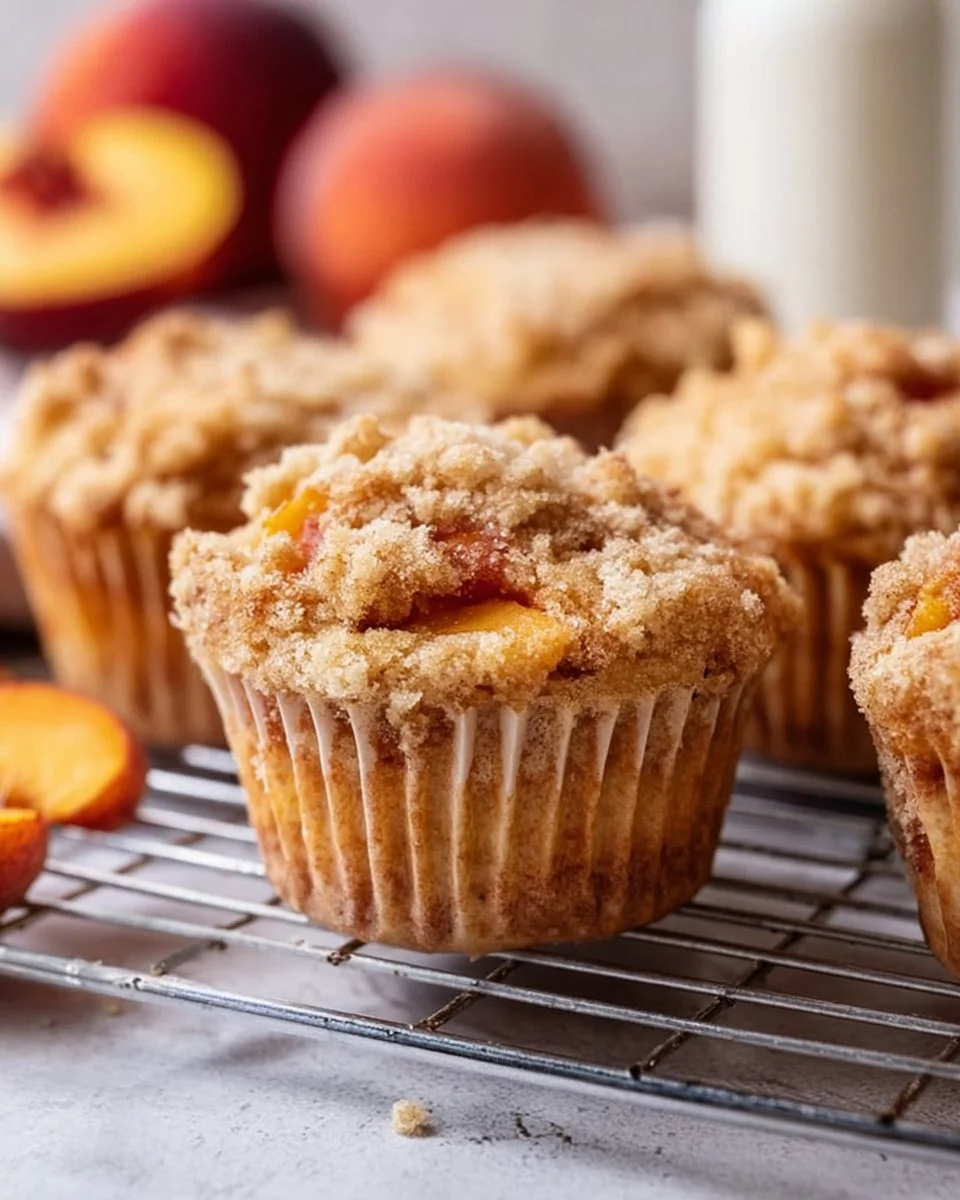 Freshly baked Peach Cobbler Muffins with juicy peaches and crumbly topping