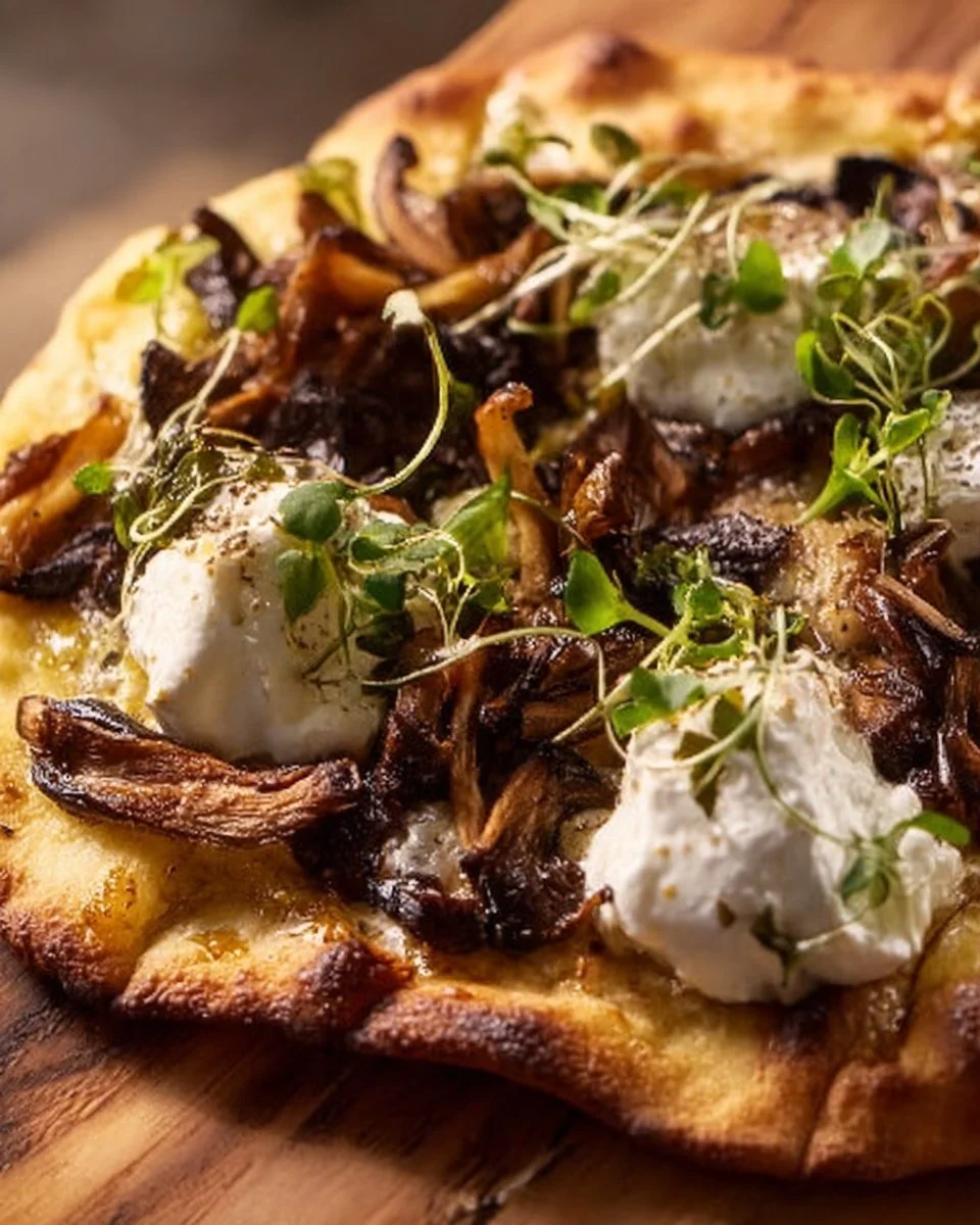 Delicious Potato and Wild Mushroom Burrata Pizza topped with creamy burrata cheese.
