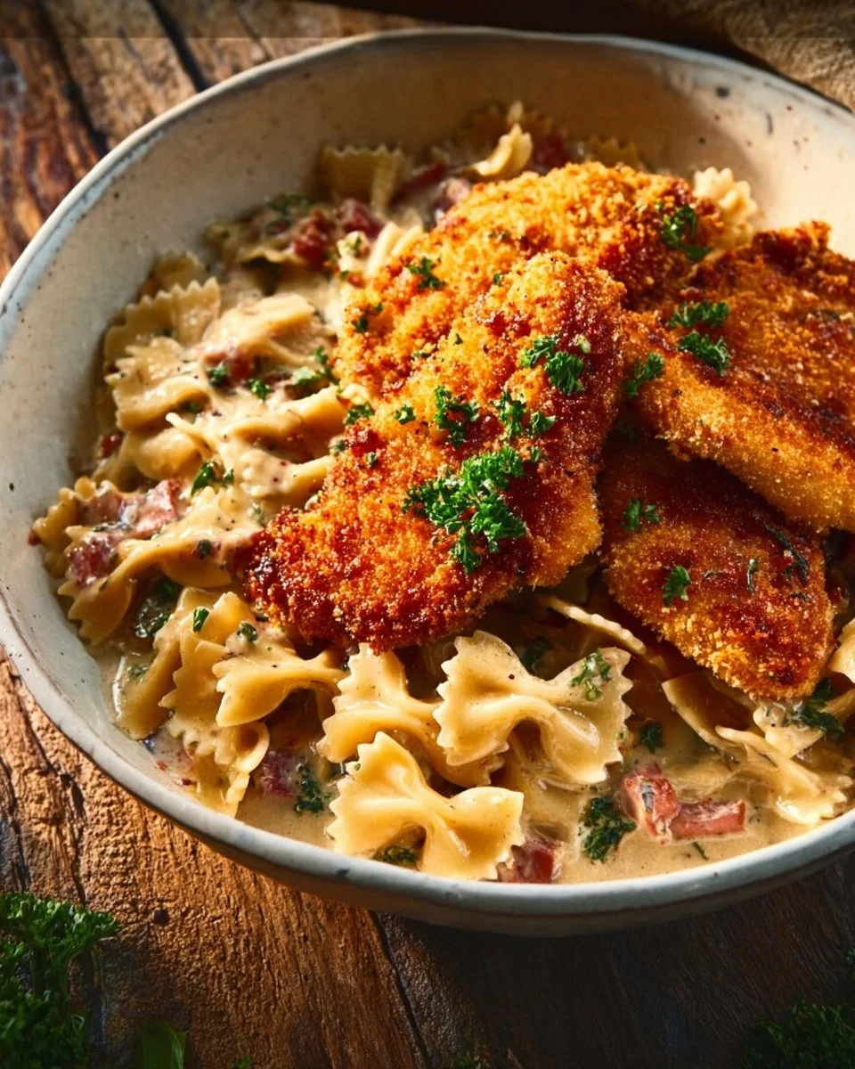 Southern Style Creamy Parmesan Chicken Pasta served in a bowl.