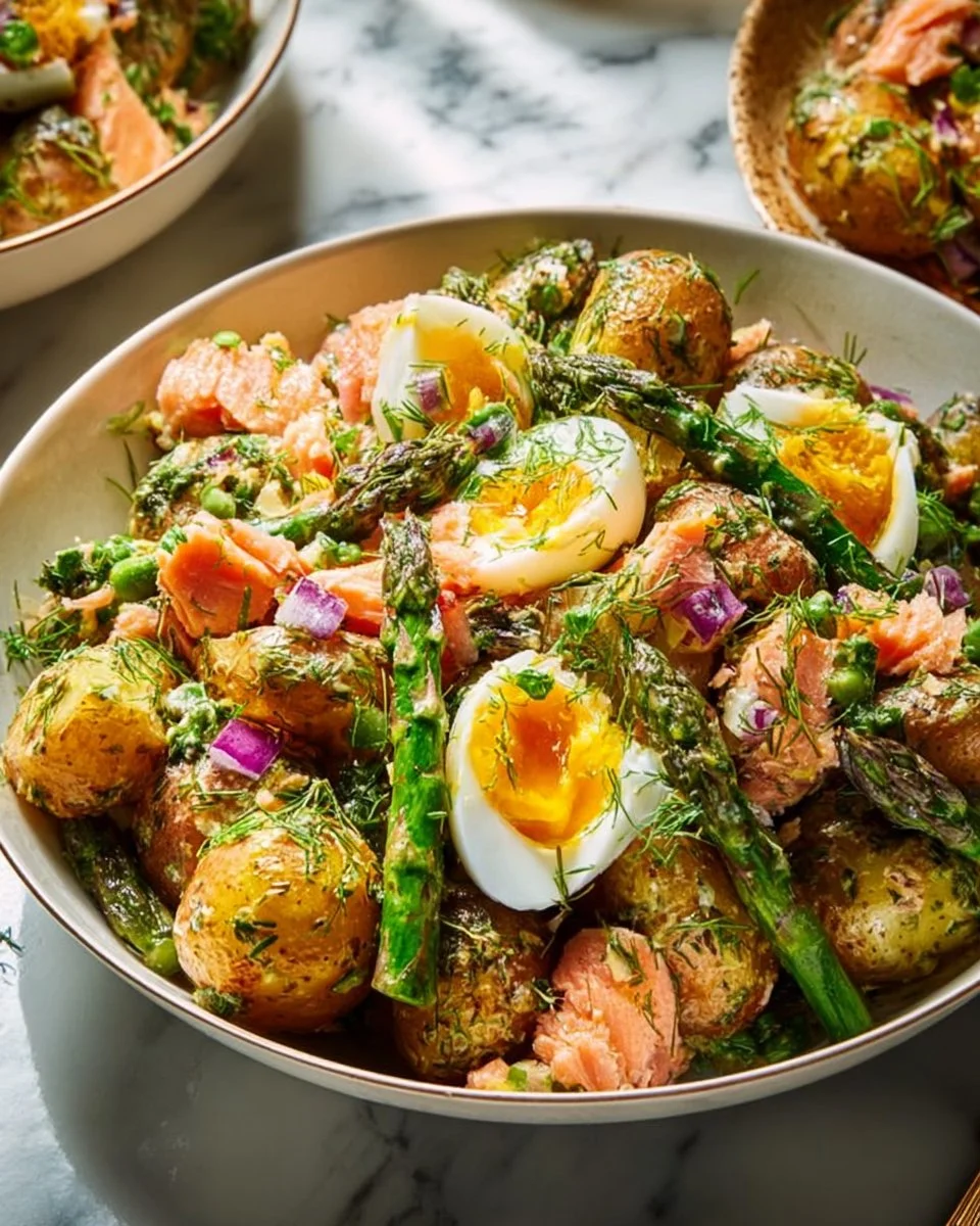 Delicious salmon niçoise smashed potato salad with vibrant vegetables