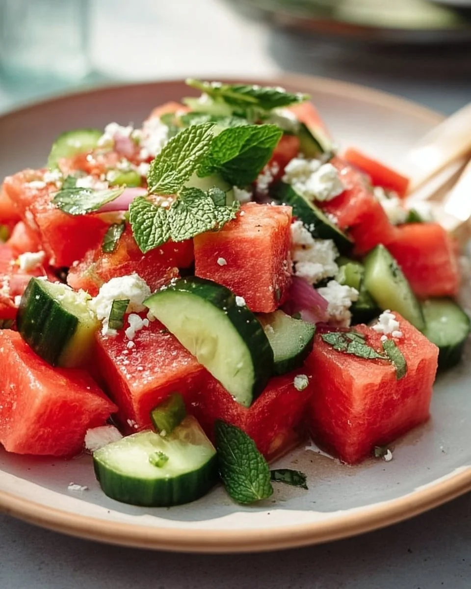 Delicious watermelon feta salad with fresh mint and feta cheese