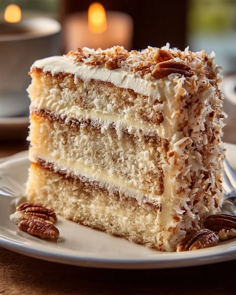 Delicious white German chocolate cheesecake cake topped with chocolate curls