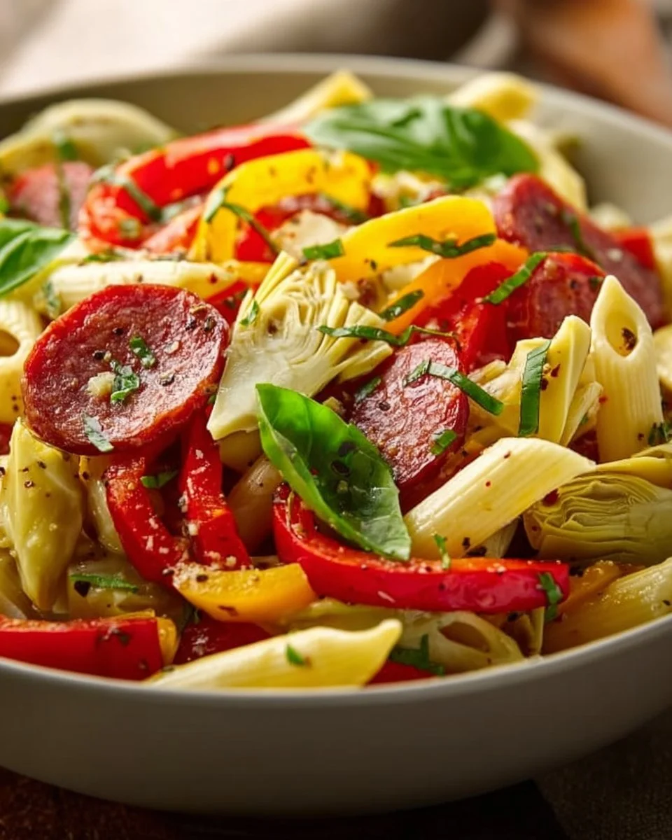 Colorful Antipasto Pasta Salad with vegetables, olives, and cheese in a bowl