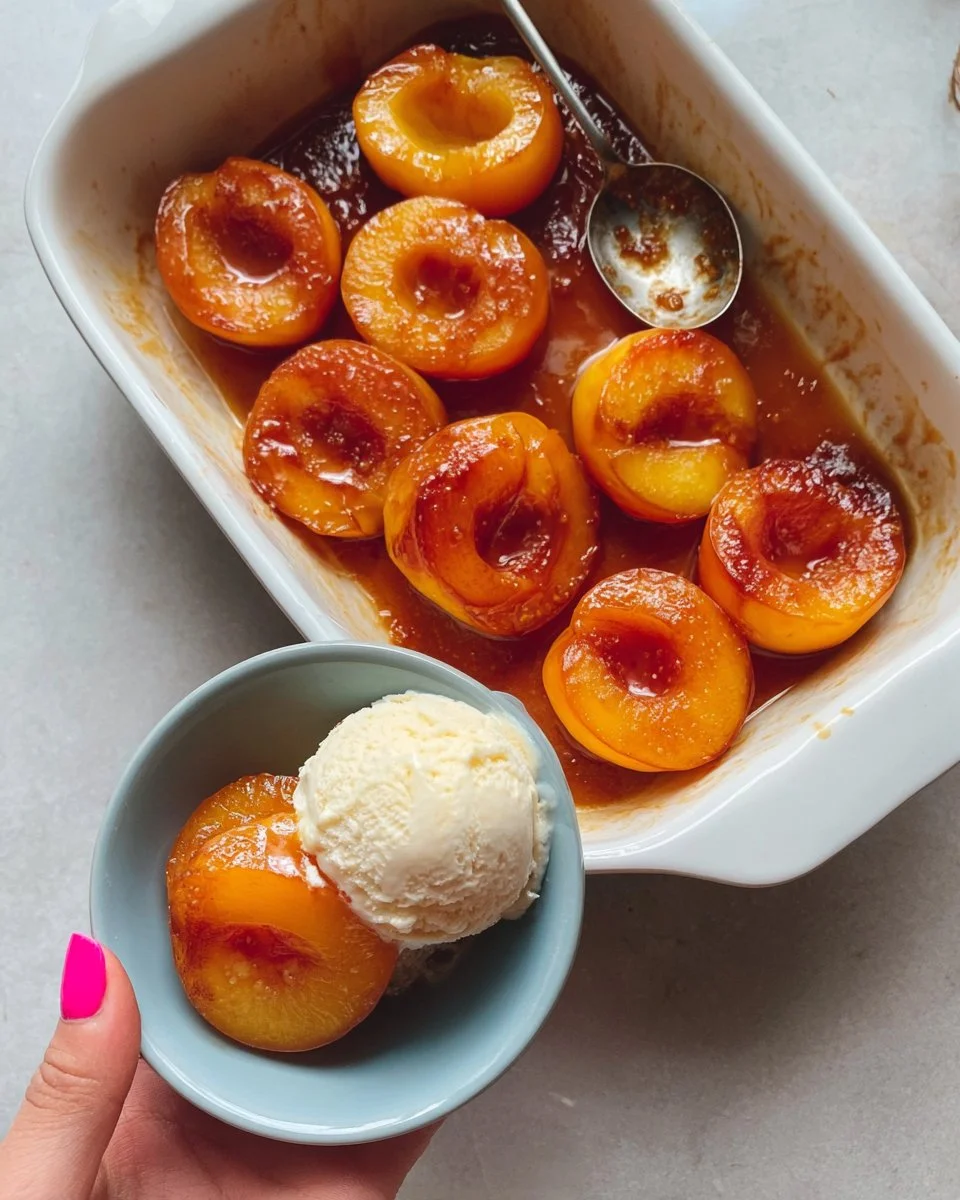 Delicious baked peaches served with a drizzle of honey and cinnamon